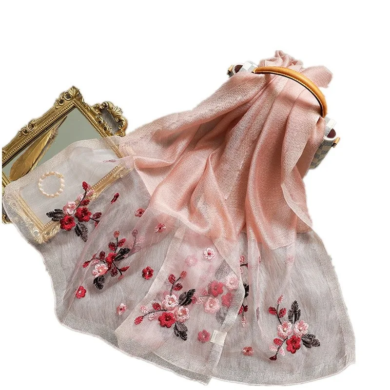 

New Arrived Silk Wool Floral Embroider Shawl Scarf Women Beaded Scarves Hijab Female Bandana Head Wraps Women Africa Headband