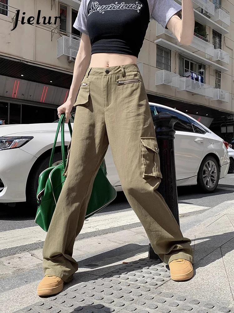 Jielur-Calça comprida feminina de zíper duplo, casual, perna reta, bolso múltiplo, estilo Hong Kong, versátil, primavera