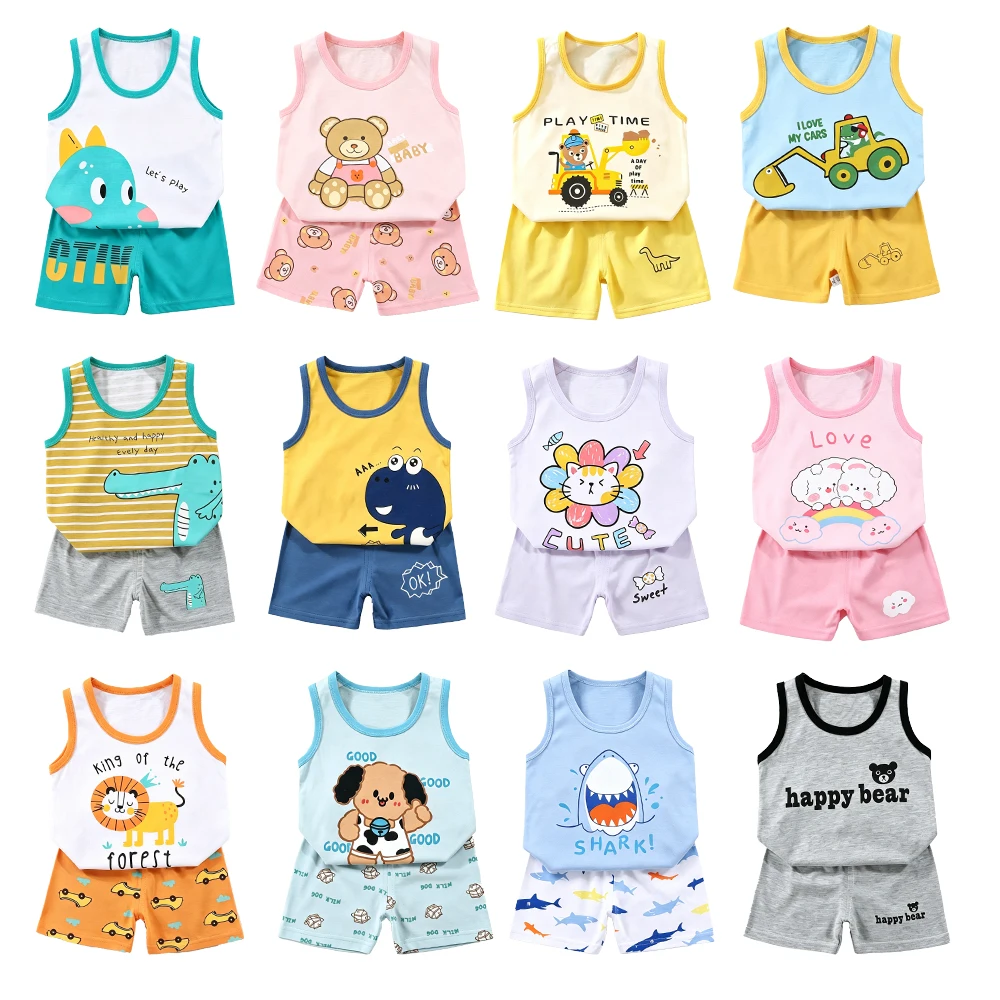 100%Cotton Boys Girls Pajamas Sets Kids Pjs Toddler 1 to 2 3 4 5 6 Years Vest+Shorts Pijama Suit Pyjamas for Children's Clothing