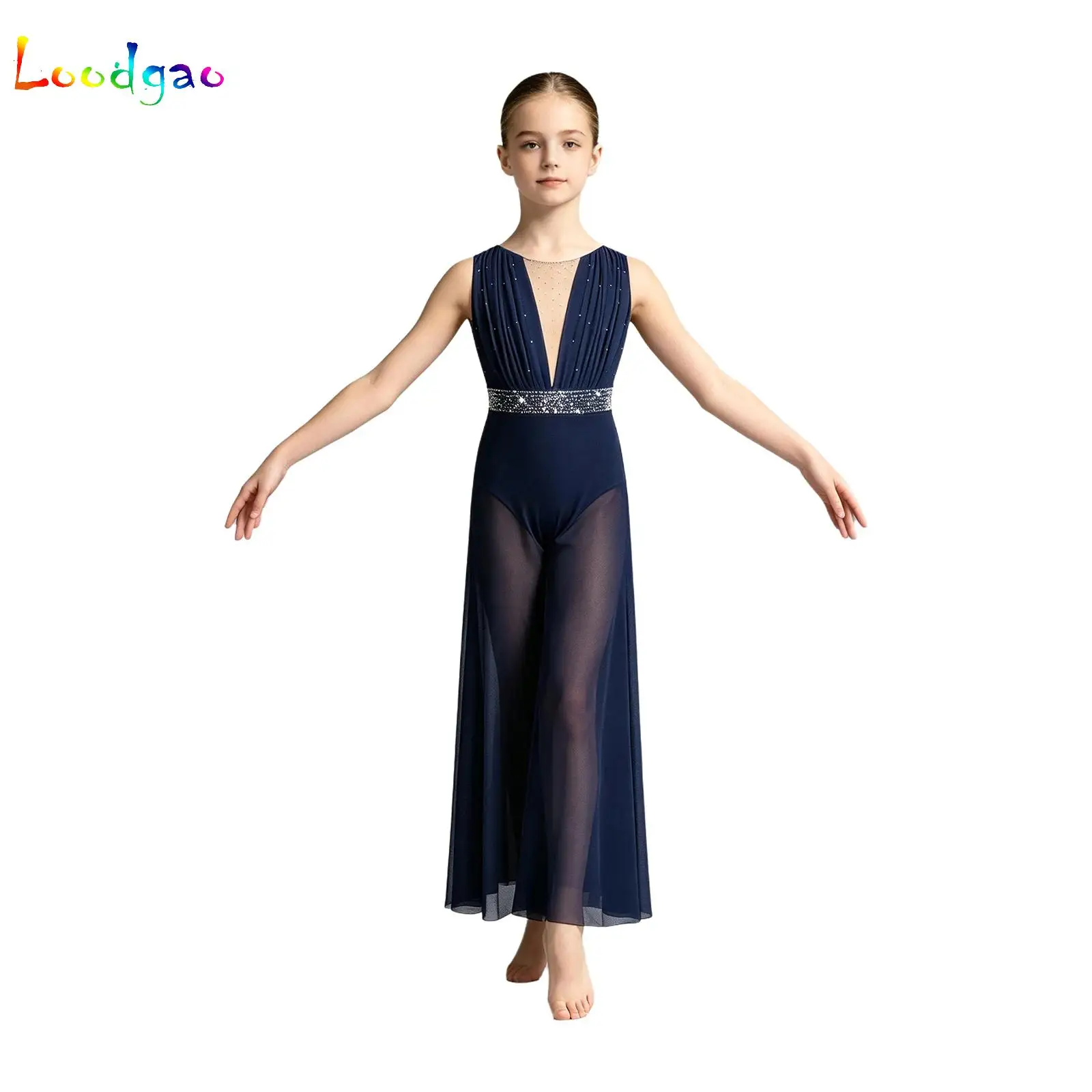 Kids Shiny Mesh Rhythmic Gymnastics Figure Skating Jumpsuit for Girls Ballet Dance Ruched Mesh Wide-Leg Pants Romper Dancewear