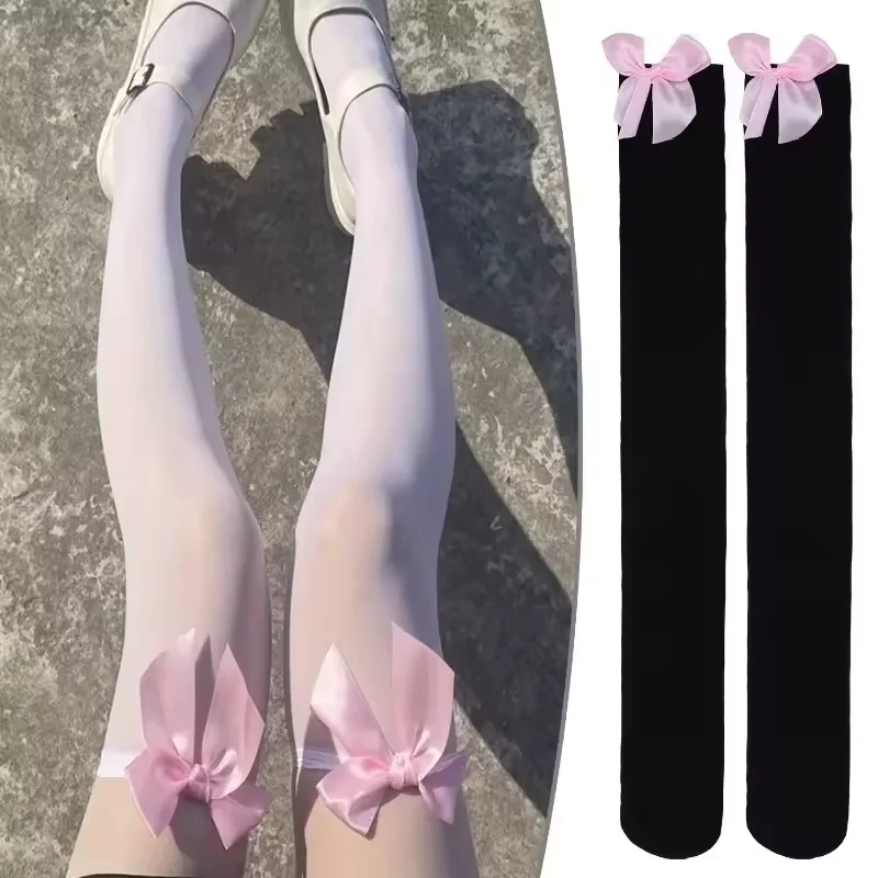 Filles doux dentelle sur genou bas dames Sexy Lingerie bas grand rose nœud papillon belle cuisse haute genou bas Sexy