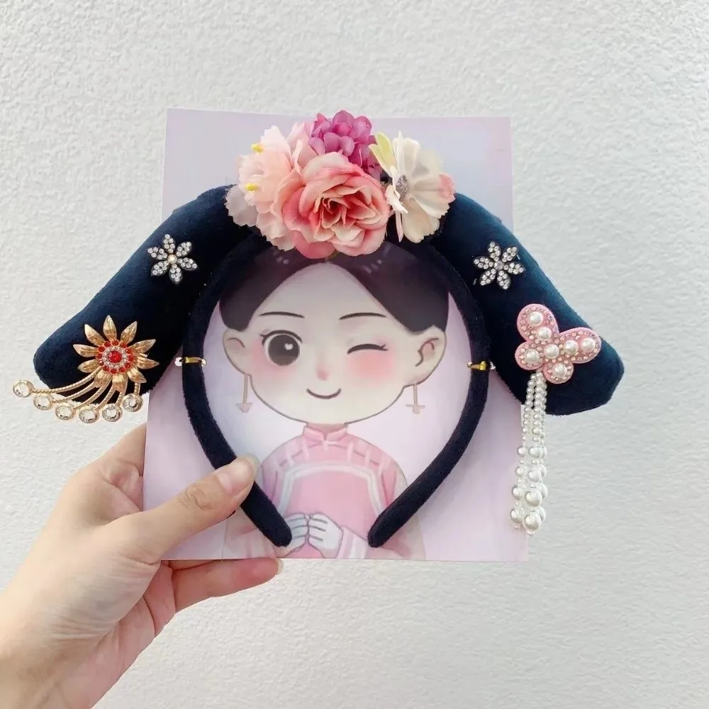 Diadema Hanfu de flores antiguas con borlas de perlas, tocado de estilo chino, lazo de corona, Aro para el pelo de estilo antiguo para mujer