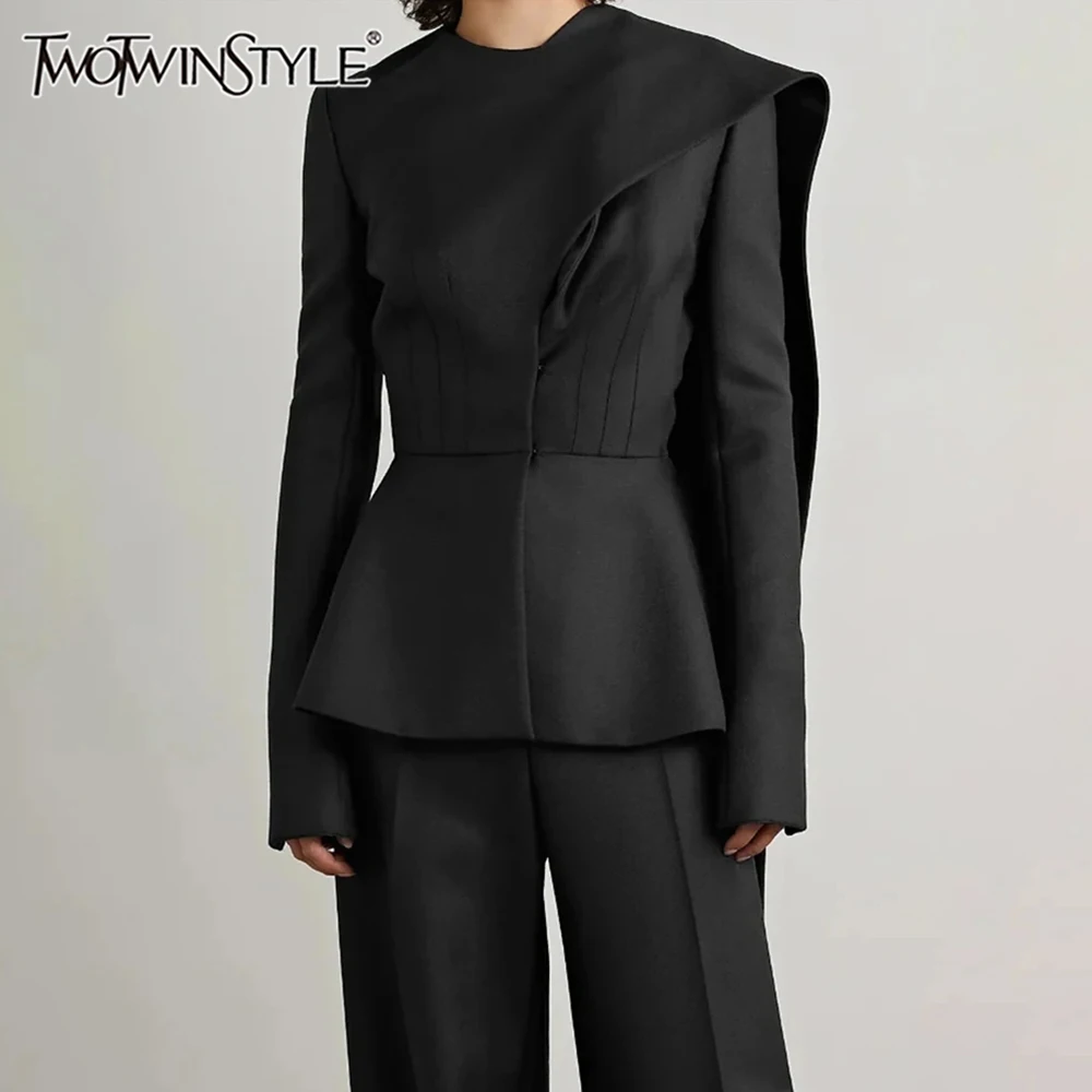 TWOTWINSTYLE Solid Designer Slimming Blazers For Women Round Neck Long Sleeve Tunic Irregular Chic Blazers Female Fashion New