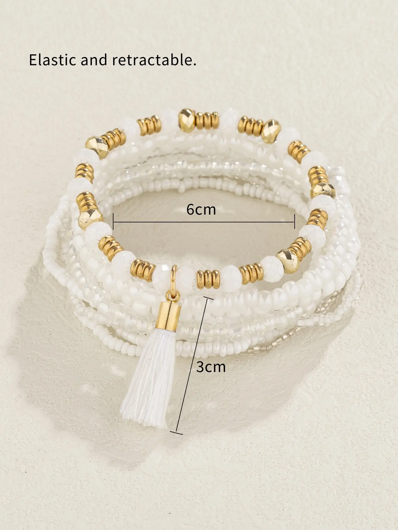 9 Women's Boho Style Glass Rice Bead Crystal Gold Alloy String Fringe Hanging White Bracelet Set