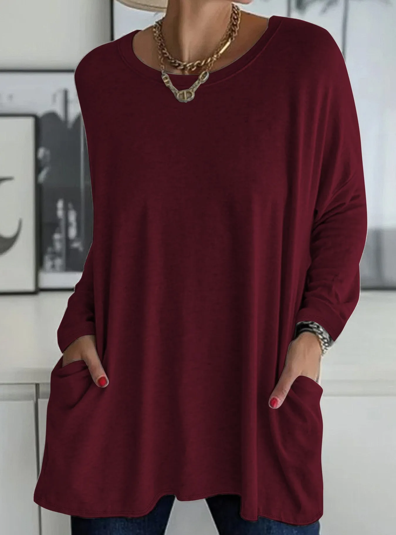 

Plus size fashion solid color with pockets casual daily style round neck long sleeve T-shirt