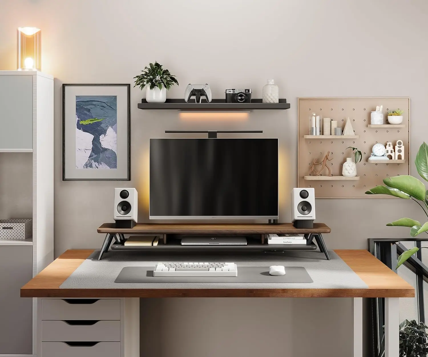 Dual Monitor Stand, Monitor Stands Riser For 2 Monitors, 42.5 H Wood Desk Shelf With Storage Organizer And Cable Management For