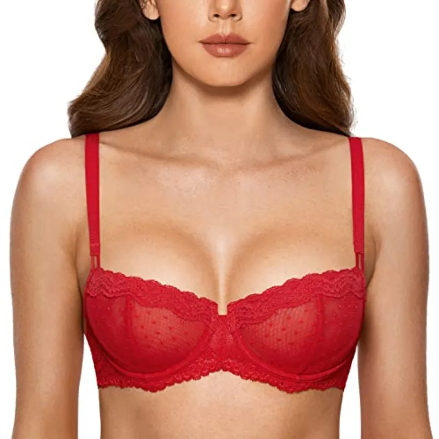 

DOBREVA Women's Sexy Lace Bra Underwire Balconette Unlined Demi Sheer Plus Size