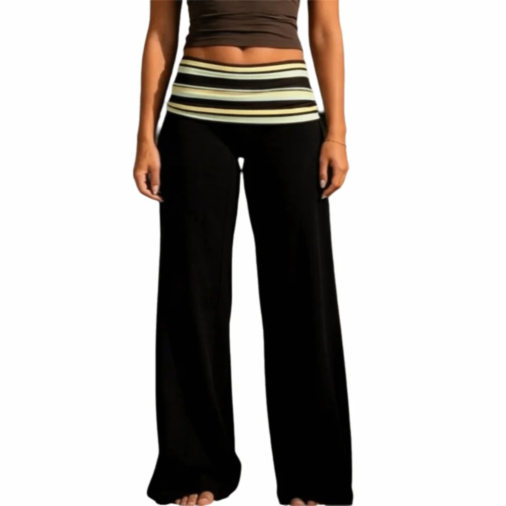 Casual Low Rise Wide Leg Pants Striped Solid Color Fold Over Pants Stretchy Flare Yoga Pants For Women