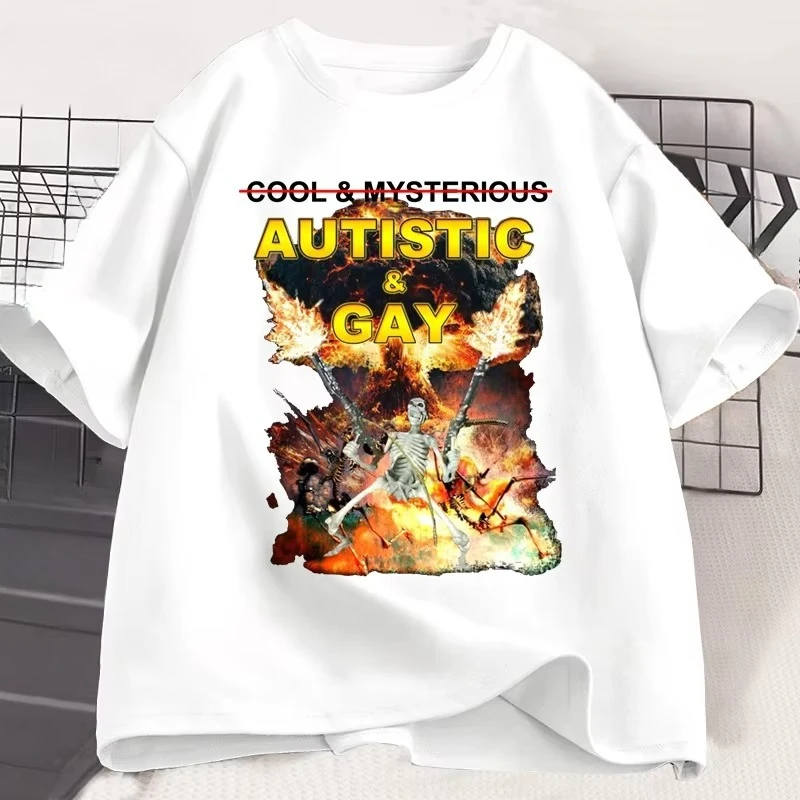 Autistic and Gay Skeleton Explosion T-Shirt Unhinged Graphic T Shirts Cursed Skeleton Autism Meme Tshirt Men Women Tees Clothes
