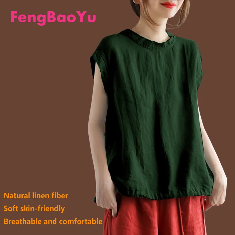 Fengbaoyu Linen Summer Lady Sleeveless T-shirt Wearing Leisure Sports Shirt Running Fitness Clothes Comfortable Weight 120KG 5XL