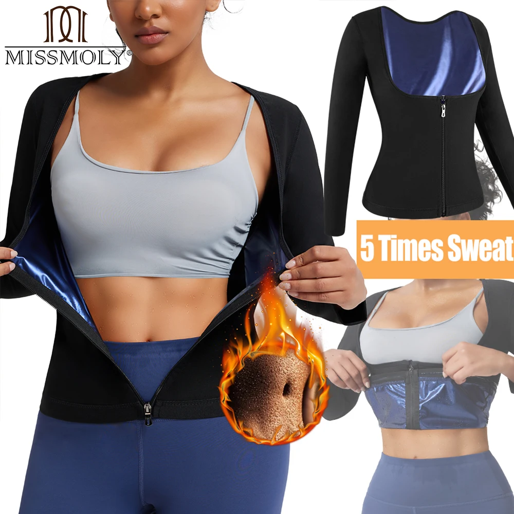 

Zipper Sauna Suit Shirt Long Sleeve Women Sweat Waist Trainer Vest Weight Loss Workout Compression Tank Top Body Shaper Fajas