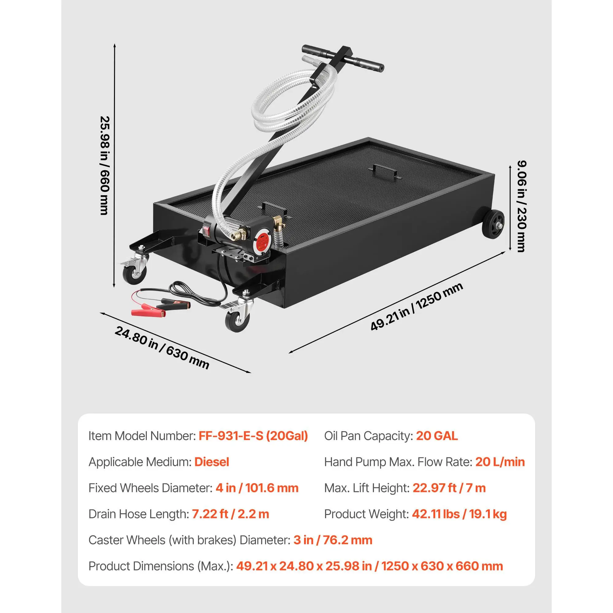 Low Profile Oil Drain Pan, 20 Gallon Capacity, Rolling Oil Drain Pan with Electric Pump & 7.2 ft Hose, Leak-proof & Corrosion-resistant, Fit for cars , SUVs, Trucks, Motorcycles, ATVs, Metal