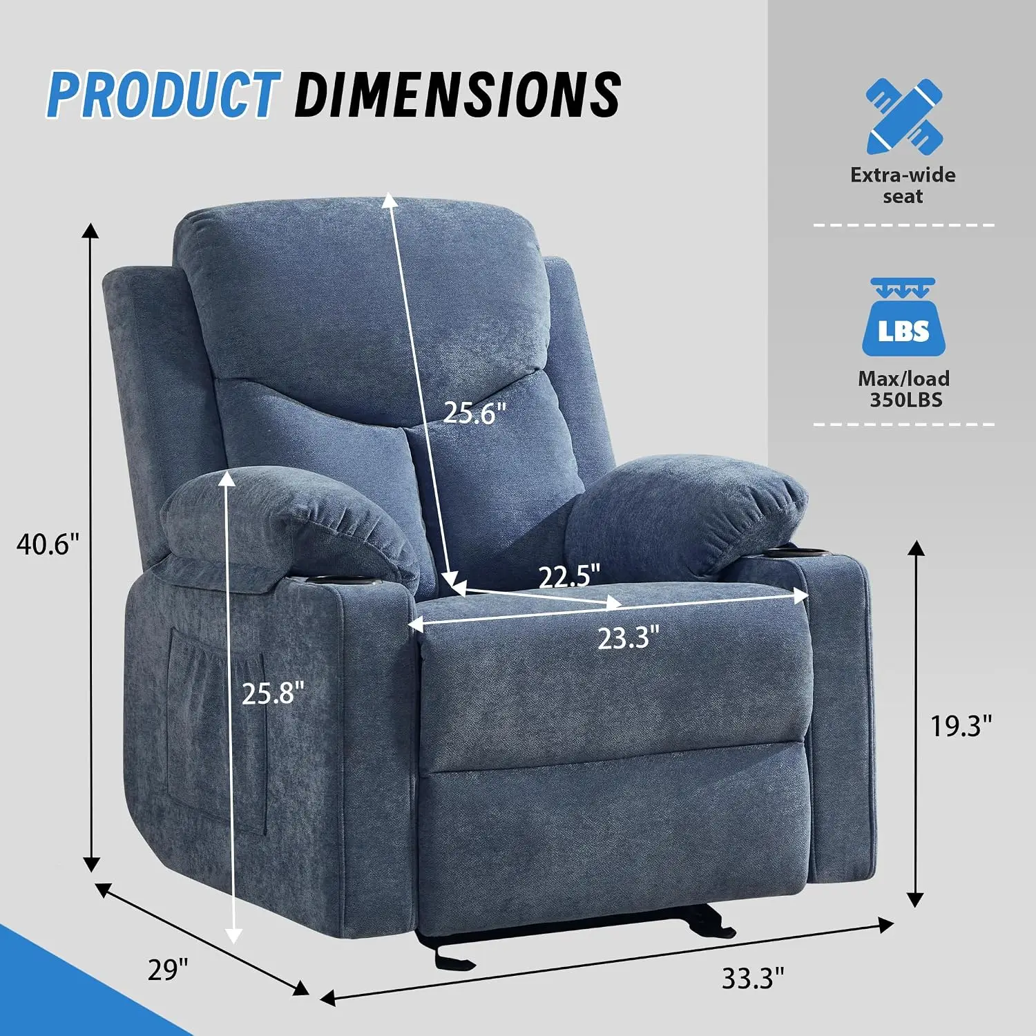 Manual Rocker Recliner Chair for Adults with Massage, Overstuffed Glider Rocking Chair with Cup Holders and Pockets, Customized