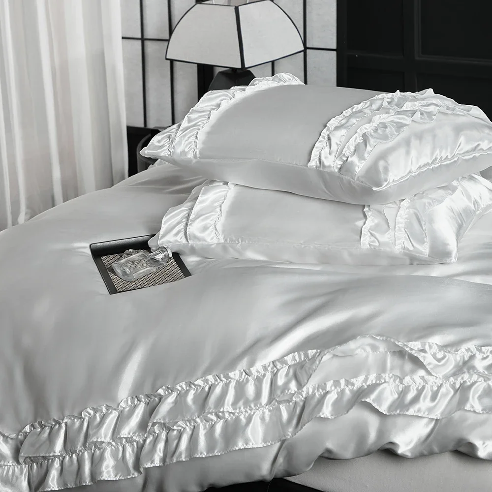 Luxury Satin Double-layered Ruffles Bedding Set Queen Soft Smooth Duvet Cover and Pillowcase Silky Single Double Comforter Cover