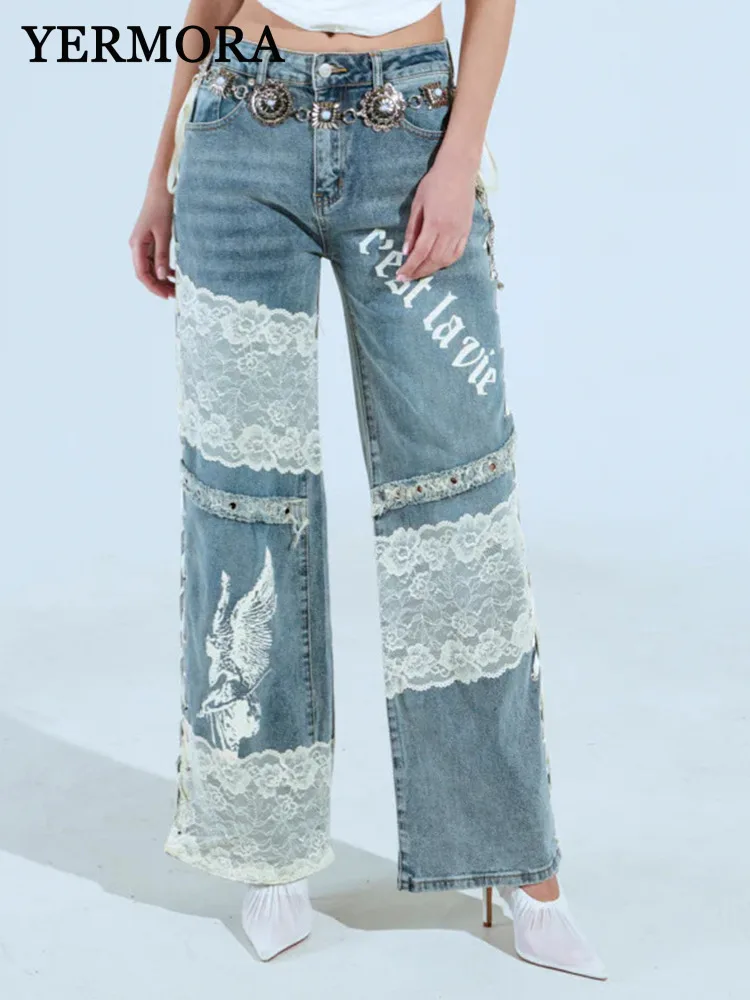 

YERMORA High Waist Irregular Spliced Lace Bandage Casual Jeans Women Fashion Tide New Denim Trousers Spring Autumn 2025 A679