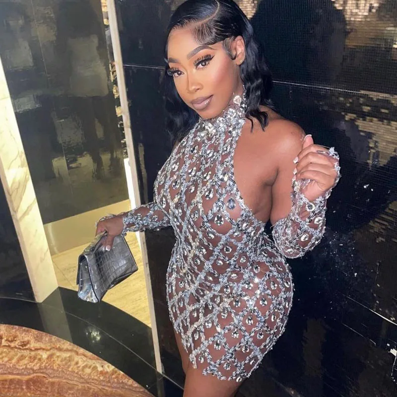 

Sexy Stage Celebrate Evening Wedding Prom Birthday Photograph Club Dress with Glove Sparkly Silver Sequins Rhinestones Dress