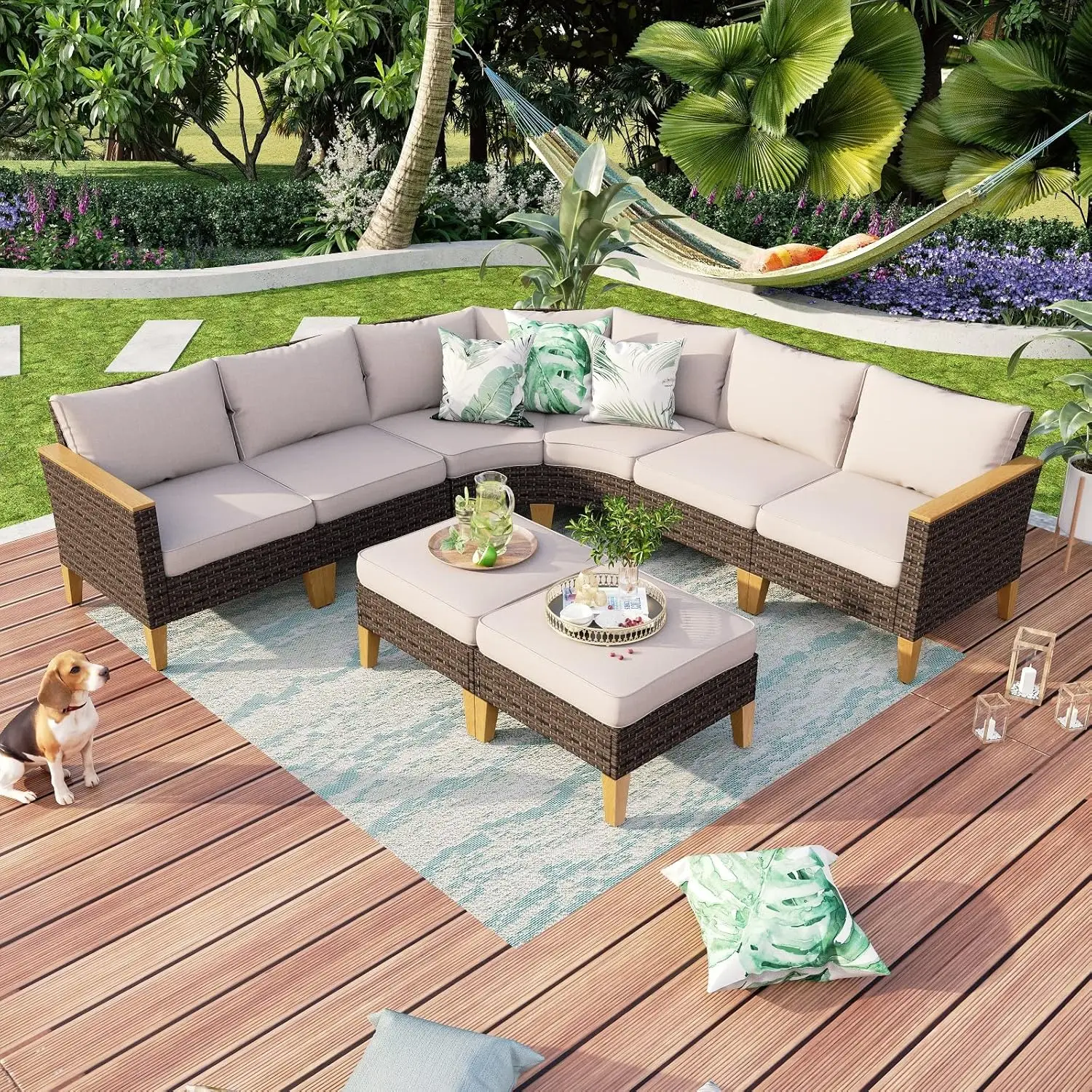 Wicker Patio Furniture Set, Rattan Outdoor   Sofa Set for Garden, Backyard, ,armless Sofa, Ottomans,  Corner Sofa