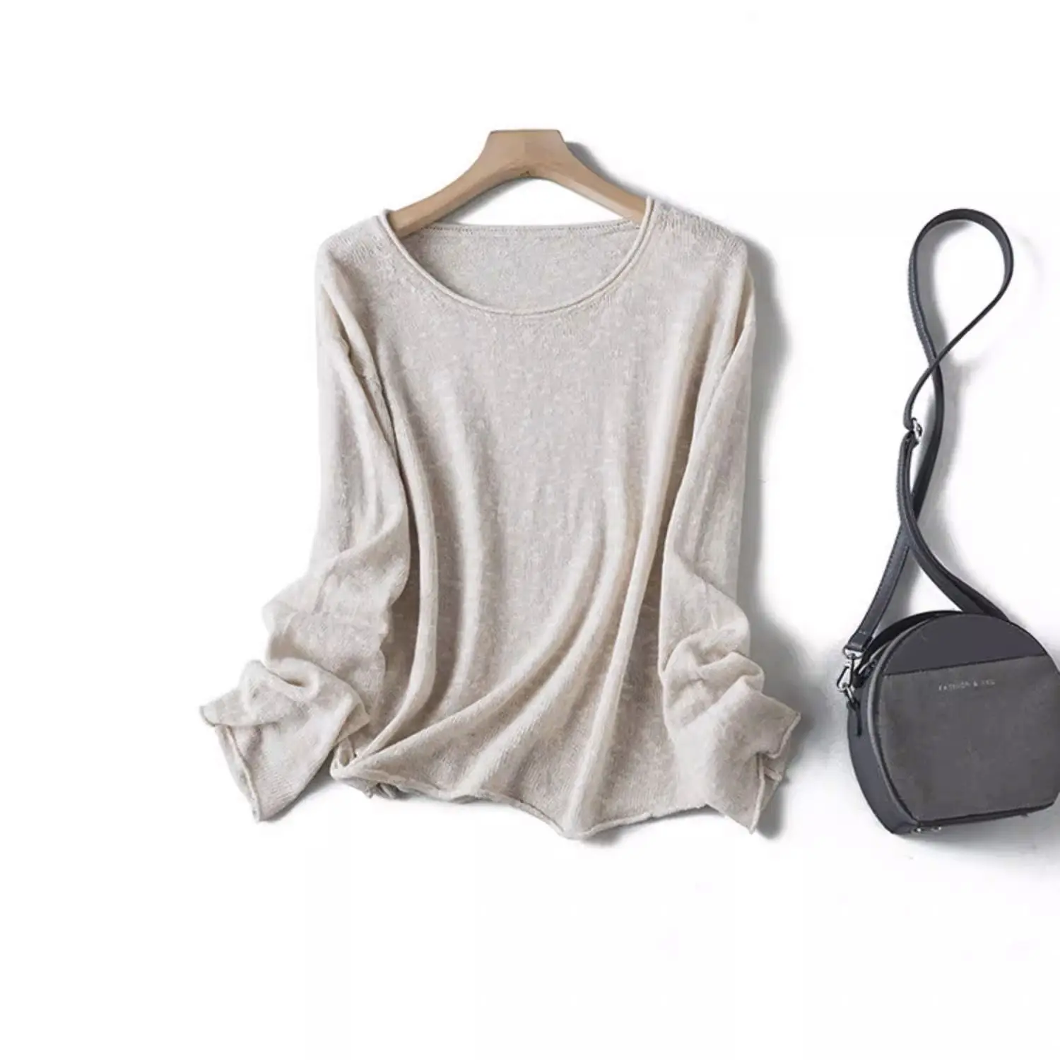 Dave&di Cotton And Linen Loose Casual Knitted Sweater With Shoulder And Rolled Edges Top