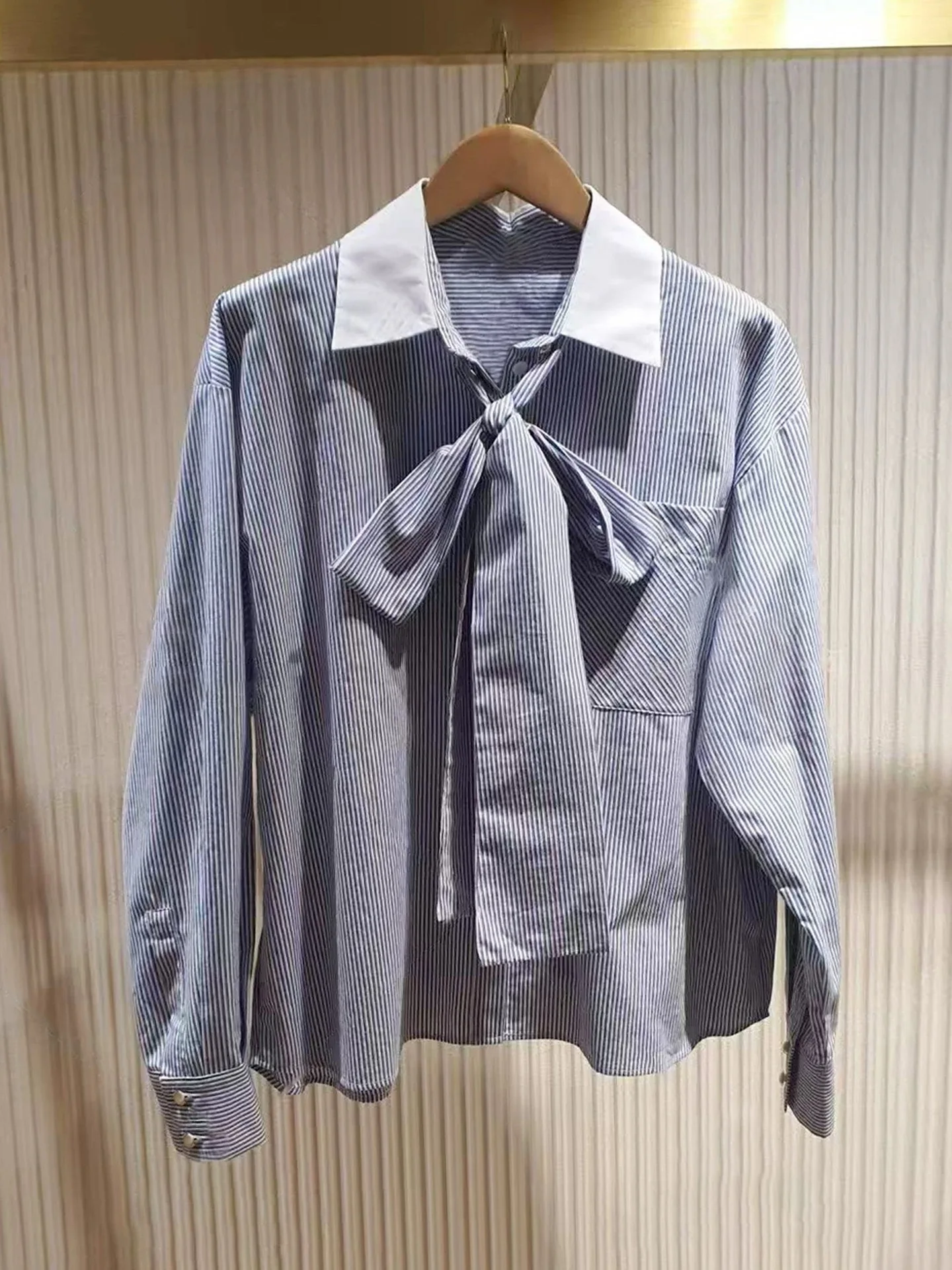 

Sweet Color Blo Long Sve irt Collar Bow Tie Striped Top Women's French Sle Loose Fit Pure Cotton Knot Blouse
