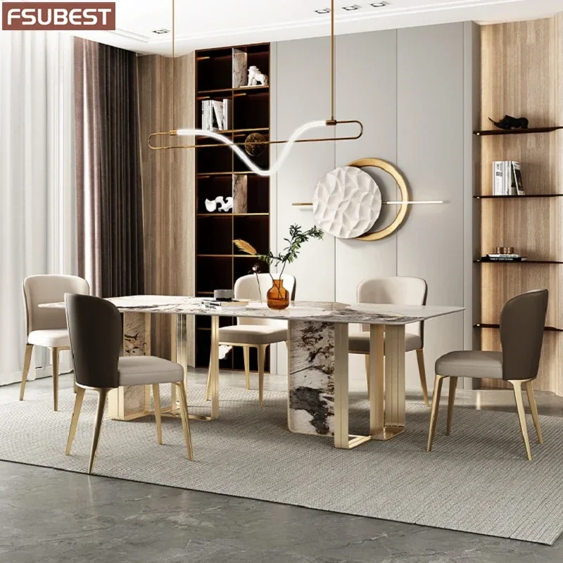 Designer Luxury Dinner Rock Slab Dining Room Table Set 4 6 8 Chairs Esstisch Furniture Meuble Marbre Stainless Steel Gold Base