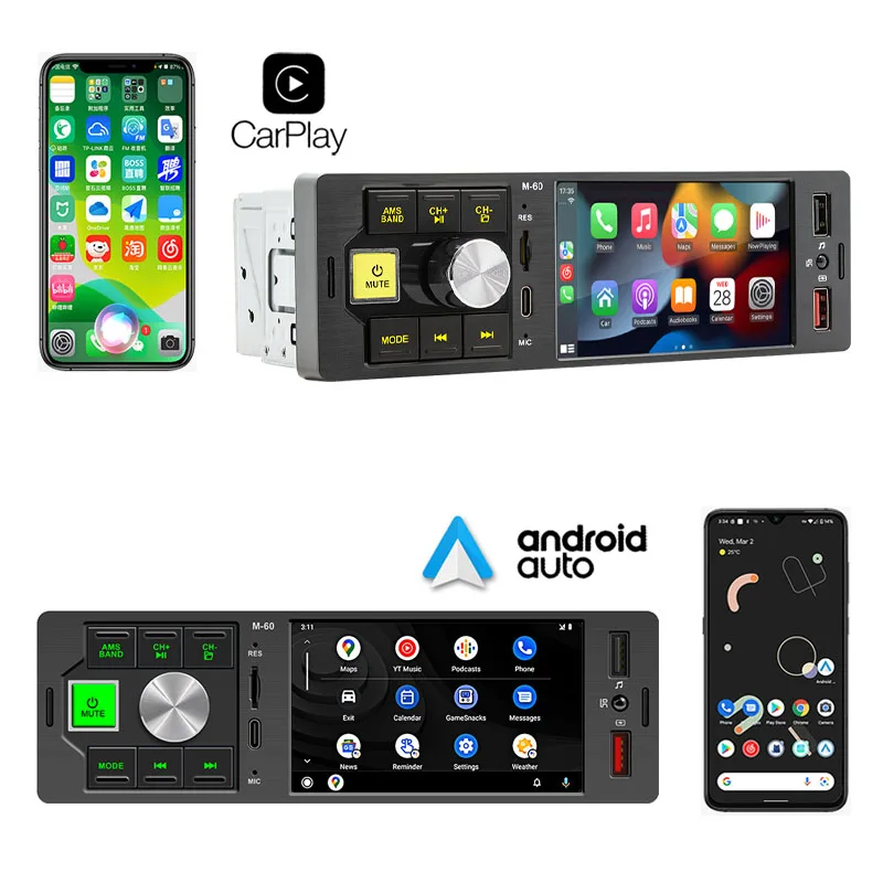 Autoradio, Android-Auto, Bluetooth Mains Libres, Lien Miroir, Lecteur MP5, A2DP, Système Audio USB, Unité Principale, M60, 1 Din, 4 Pouces