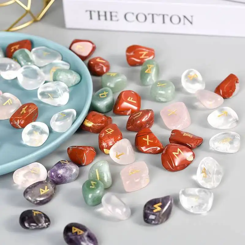 25pcs/Pack Rune Gemstones Natural Crystal Runestones Carved Polished Thumb Massage Stone Ornament  Craft Gift