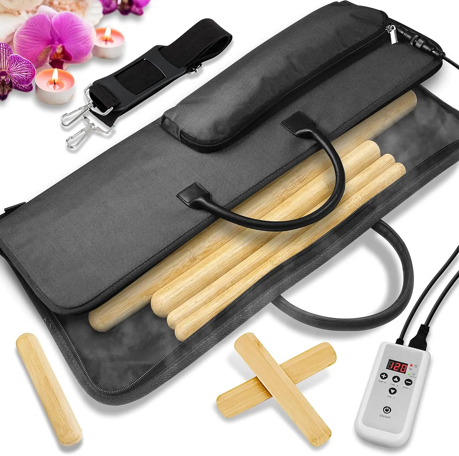 Bamboo Massage Sticks Warmer Set with Portable Heating Bag, Electric Professional Massager Heating Therapy Kit with