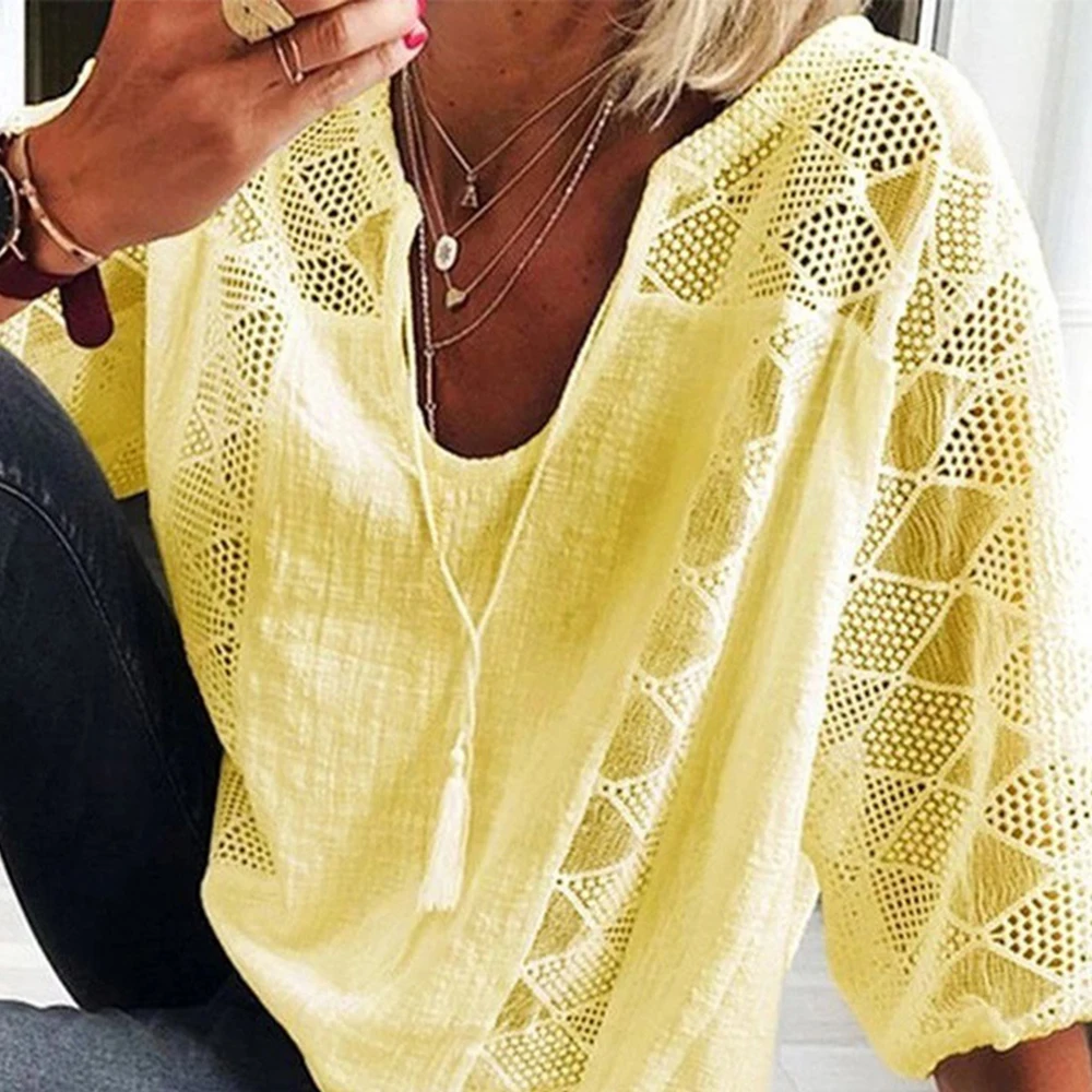 Women Fashion Lace U-neck Blouse Three Quarter Sleeve Summer Cotton And Linen Patchwork T-Shirt Casual Solid Color Ladies Tops