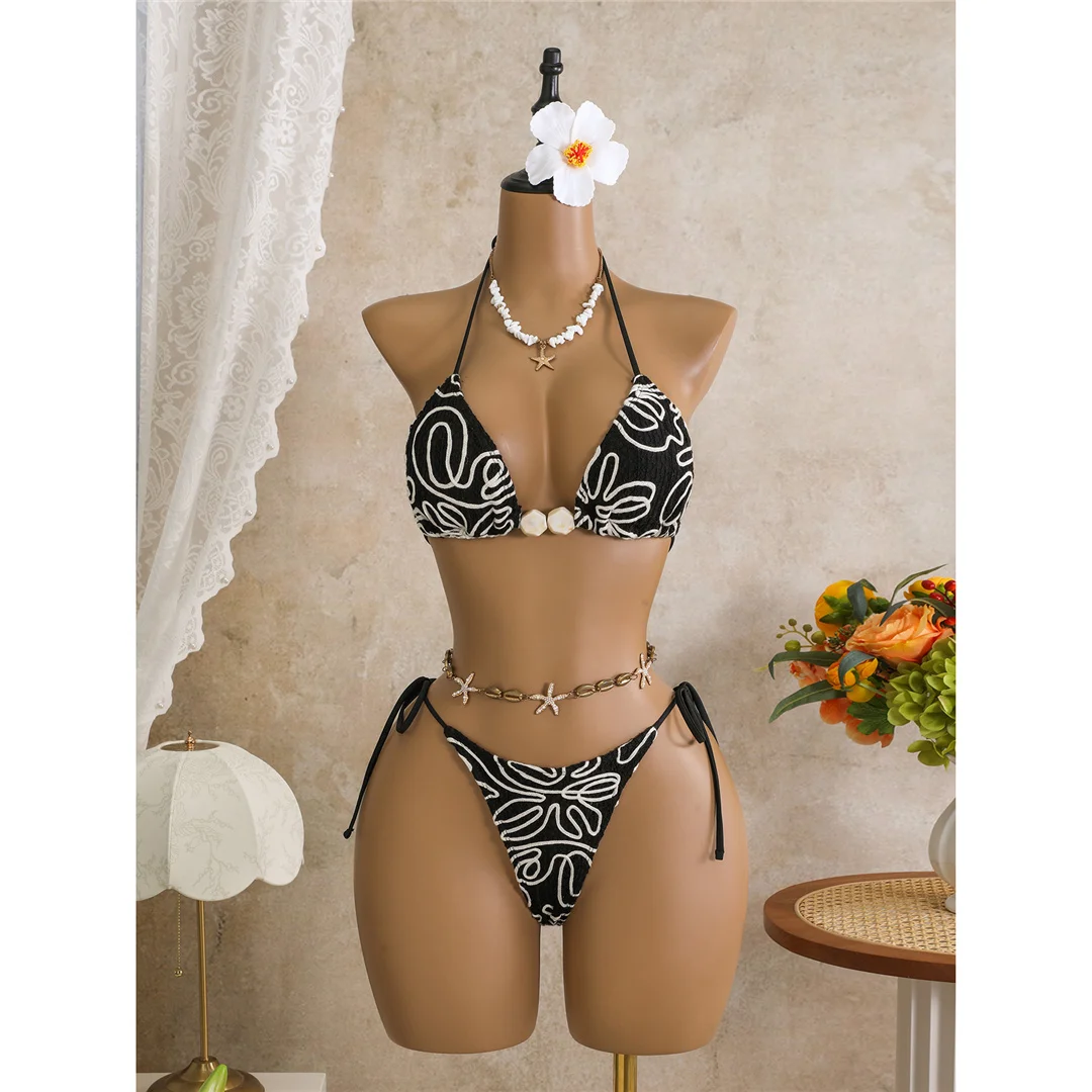 Mit Sarong-Halterneck-Bikini, bedruckter Bikini, Damen-Badebekleidung, dreiteiliges Bikini-Set, gepolsterter Badeanzug, Badebekleidung, Badeanzug, Modell V8073. – Detail 17