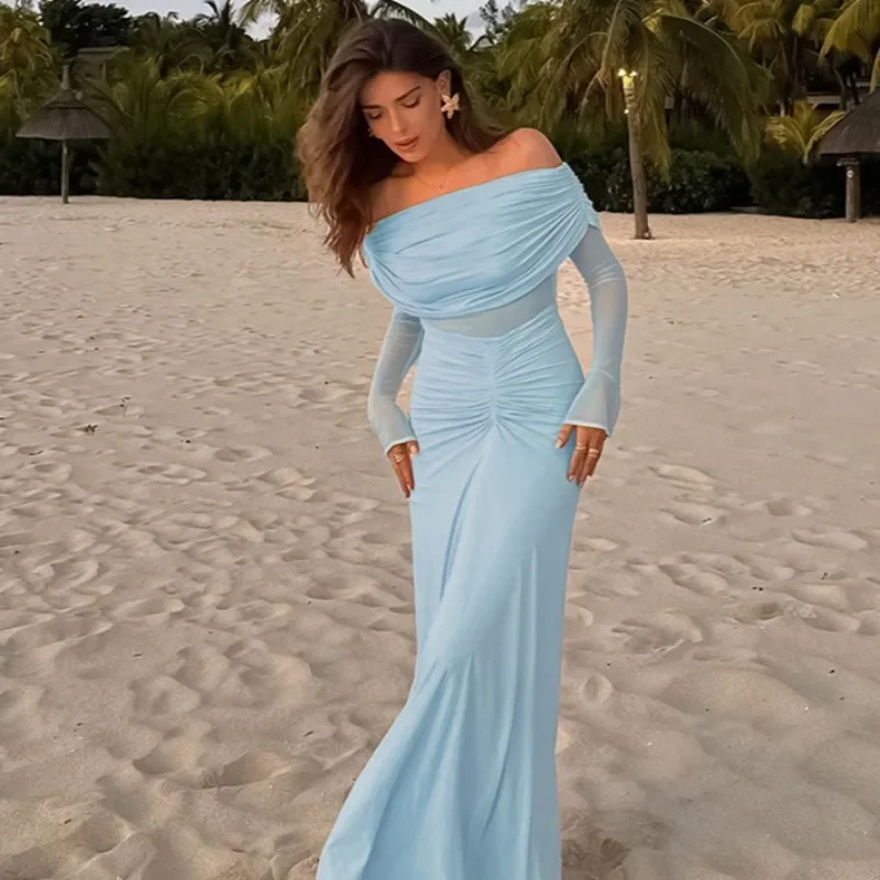 DINADD – robe une col, Sexy, élégante, dos nu, maille de fête, légèrement transparente, manches longues plissées, longueur au sol, 2025