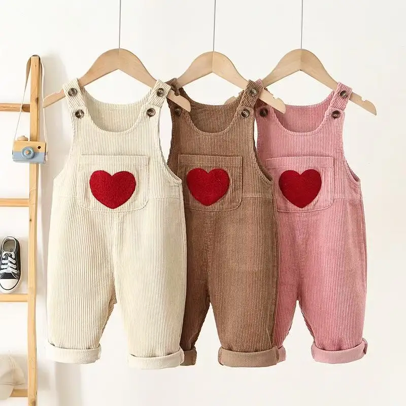 

1-5Y Spring Kids Baby Clothes Heart Embroidery Baby Boys Girls Bib Pants Solid Overalls Corduroy Casual Suspender Outwear