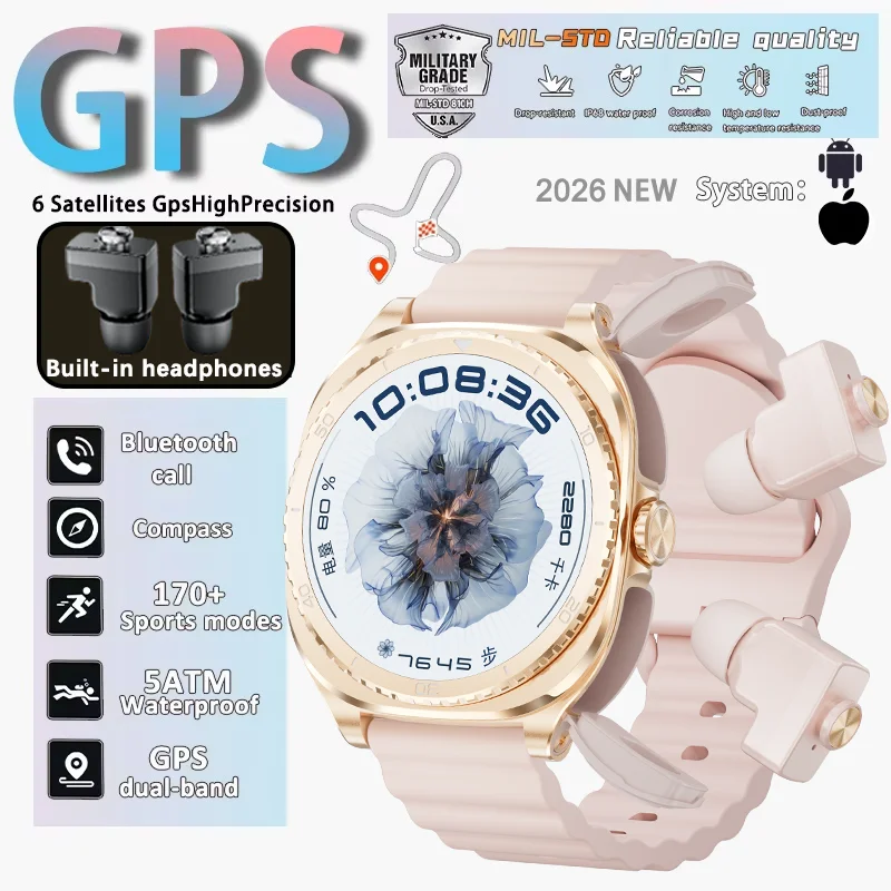 

Умные часы-наушники 2-в-1 TWS для женщин и мужчин, 1,53 дюйма, с плеером, пульсометром, водонепроницаемость IP68, NFC, для Android и iOS