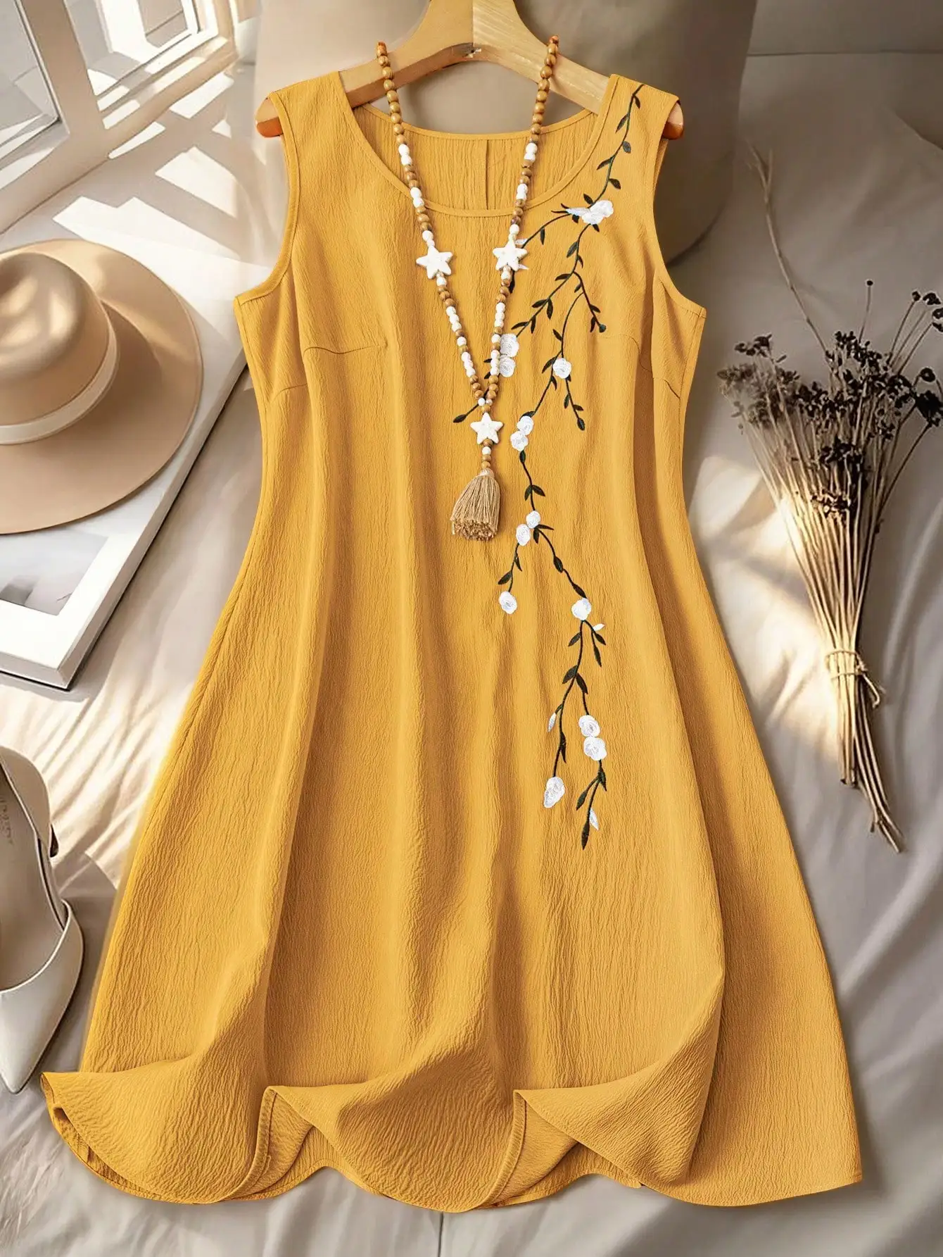 

Женское повседневное платье больших размеров без рукавов с вышивкой, желтое, весна-лето