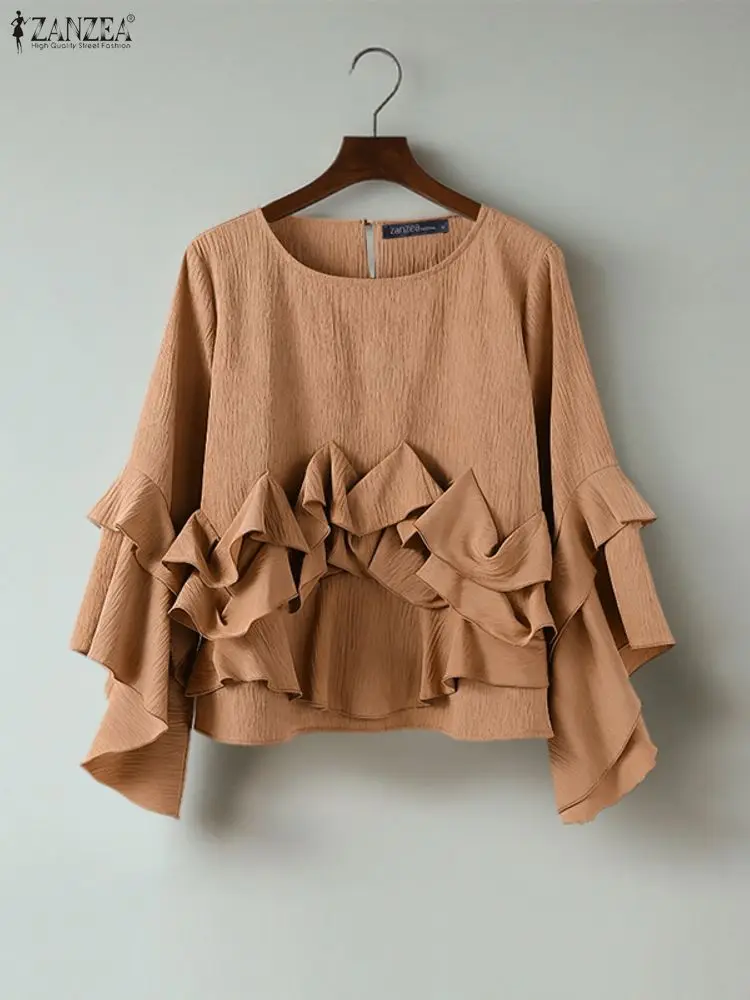 ZANZEA بلوزة نسائية مكشكشة بأكمام طويلة 2025 بلوزات على الموضة رقبة مستديرة قميص فضفاض غير رسمي أنيق ملابس الشارع الكورية Blusas Mujer