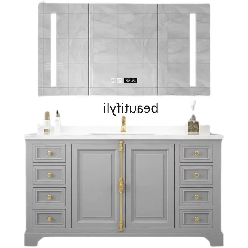 

New American style light luxury bathroom cabinet combination solid wood washbasin floor standing stone intelligent washbasin