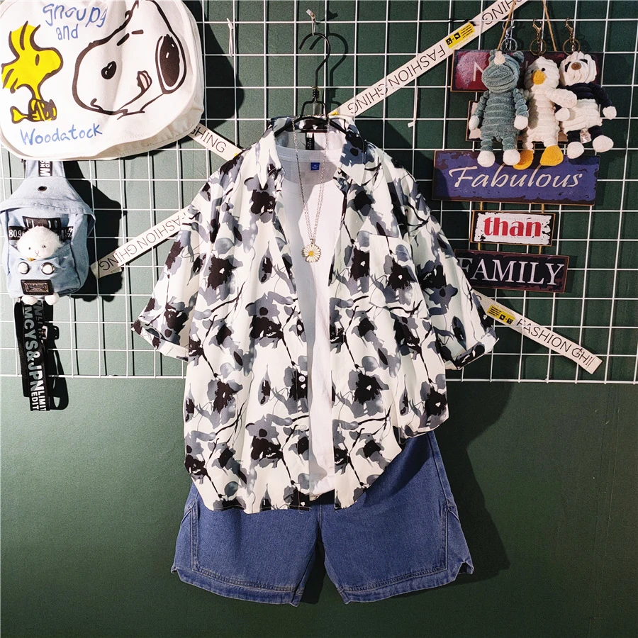 

Мужской комплект из 2 предметов, гавайская рубашка и шорты, новинка 2024, хипстерский пляжный комплект с коротким рукавом и цветочным принтом, тропический, гавайский, W13