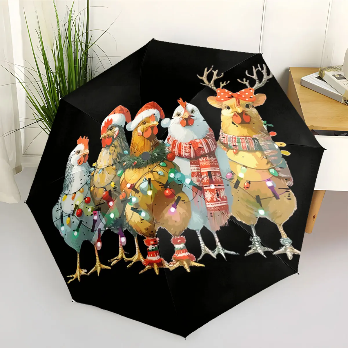 1PC Holiday Chickens Adorn Festive Umbrella Print 8 Iron Ribs Folding Umbrella Auto-Open Fashion Sunshade