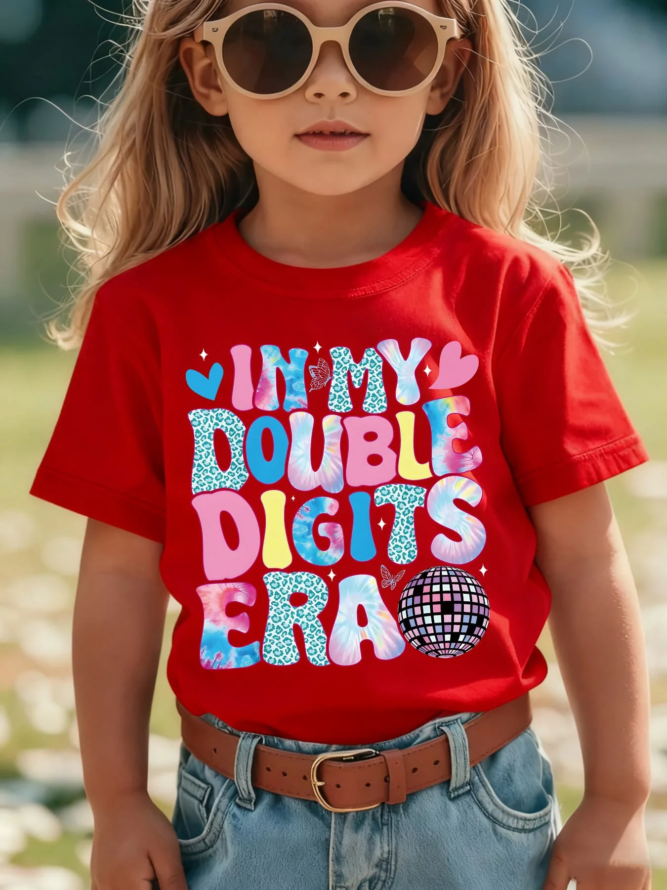Little Girls Cotton Tee Double Digits Era Disco Letter Print Soft Breathable Kids Birthday Casual Summer Daily Wear Holiday Gift