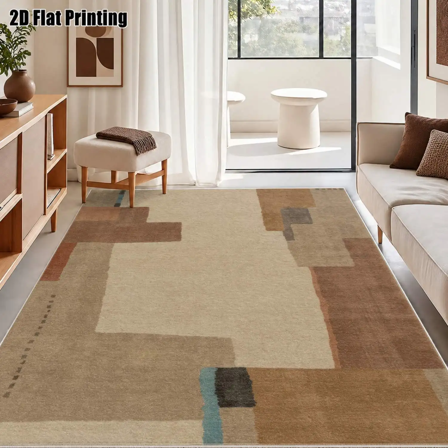 1Pc 2D Printed Velvet Carpet, Beige Geometric Abstract Pattern Nordic/Instagram/Modern Minimalist/European/Vintage Style, Multi-Size, Machine Washable, for Entrance, Dining, Foyer, Bedroom, Living Room Home Decor