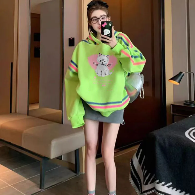 Women's Sweater Personality Cartoon Printed Pullover Top Mid-length Hoodie Color Line Fashion Korean Style Street Thin Y2k