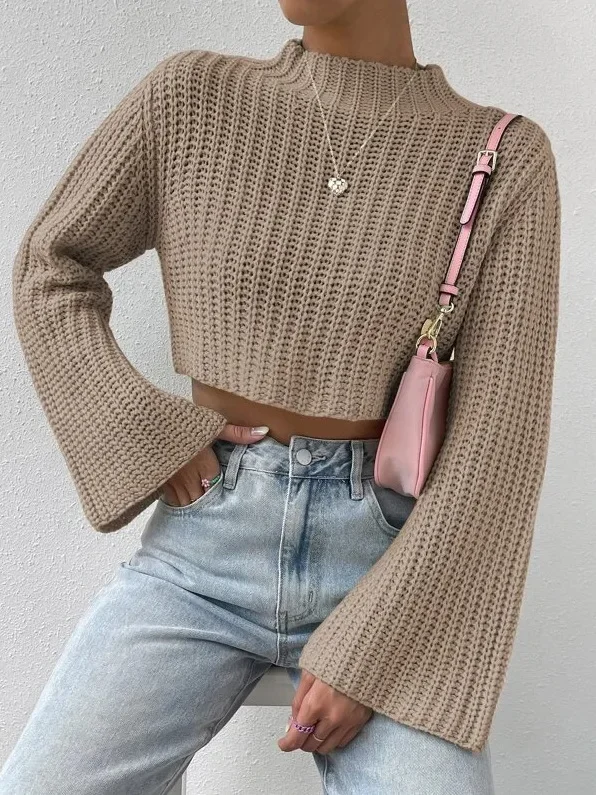 Sweater Women 2024 Autumn/Winter Solid Versatile High Waist Short Top with Horn Sleeve Half High Collar Long Sleeves Pullover