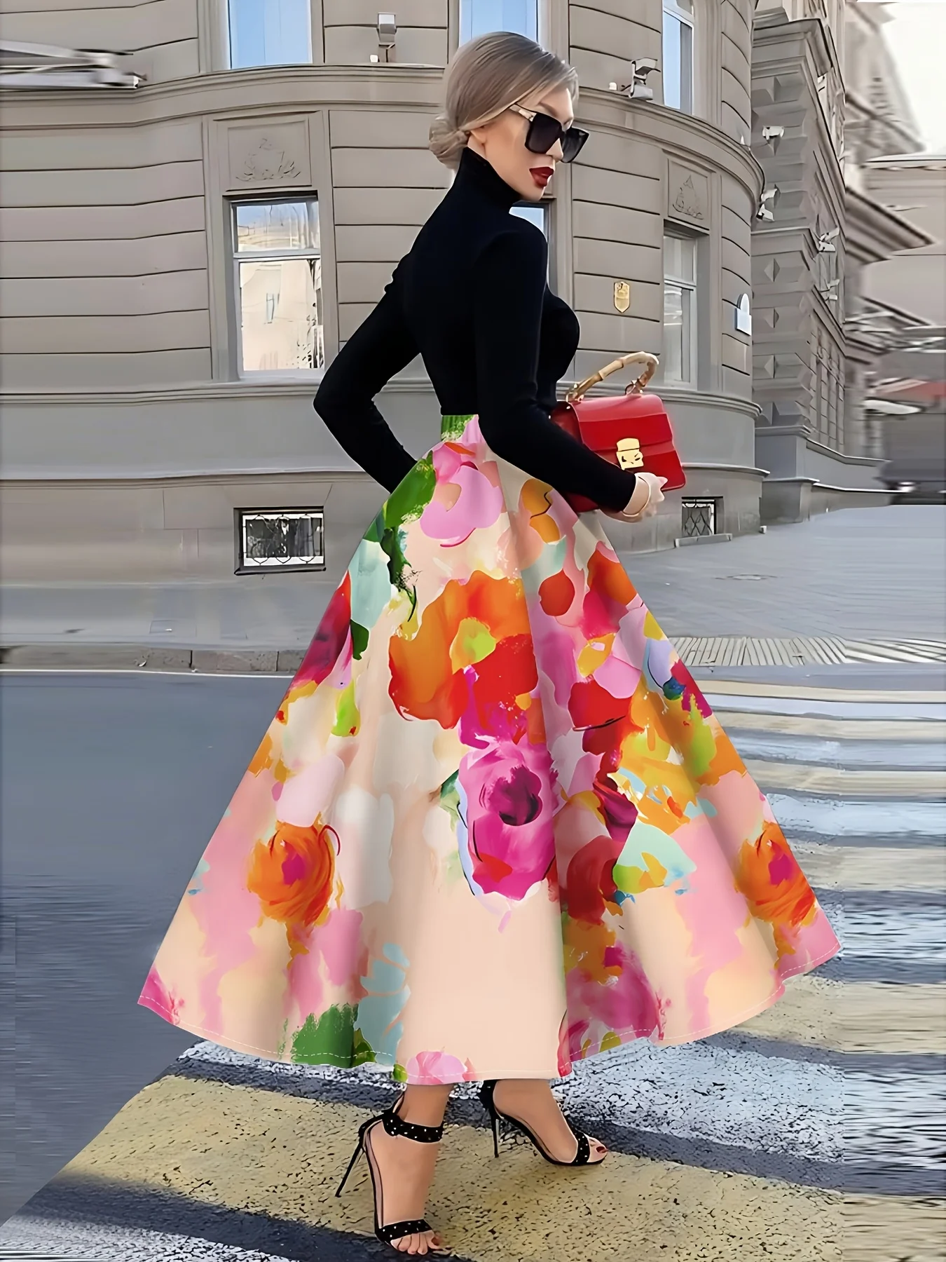 Printed Design Four Seasons Abstract Flower Watercolor Pattern Printed Holiday Style Half Skirt