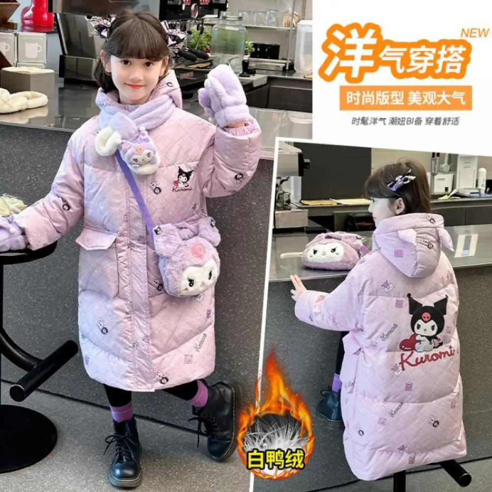 Sanrio Kuromi Girls Long Style Down Jacket Coat Thicken Cotton Coat Overcoat Winter Kawaii Cartoon Child Cotton Clothes Outwear