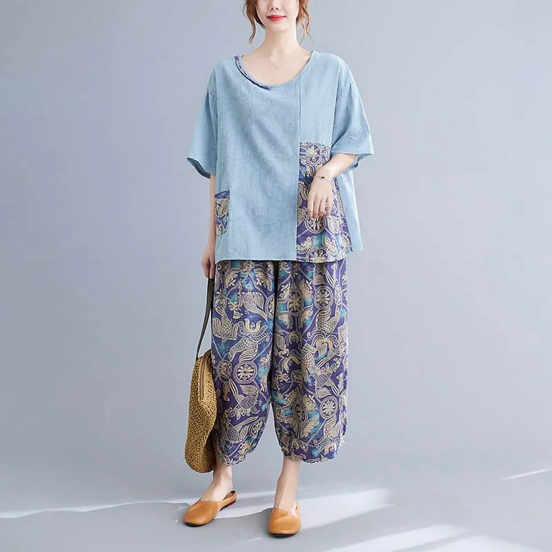 

Cotton Pants Sets Women Summer Patchwork Vintage Casual Loose Two Piece Set O-neck Half Sleeve T-shirt and Print Wide Leg Pants