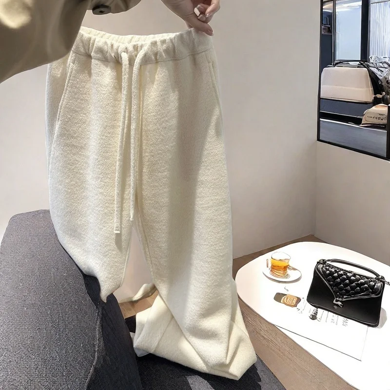 

Мягкие драпированные брюки с широкими штанинами, с высокой талией, женские, осенне-зимние, универсальные, удобные, вязаные, свободного кроя, утепленные, для зимы