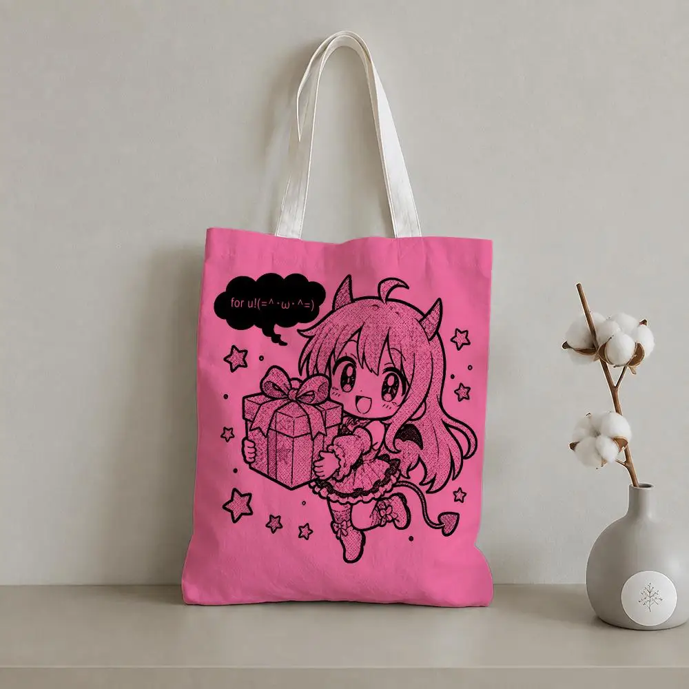 Kawaii Devil Girl Storage Bags 1pc Canvas Tote Bag Reusable Shopping Shoulder Bag For Women Daily Use