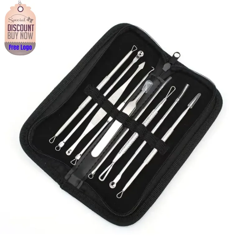 

Private Label 9pcs/set Makeup Tools Kit Chrome Plated Blackhead Squeezing Acne Needle Easy To Use Portable Beauty Tools Bulk