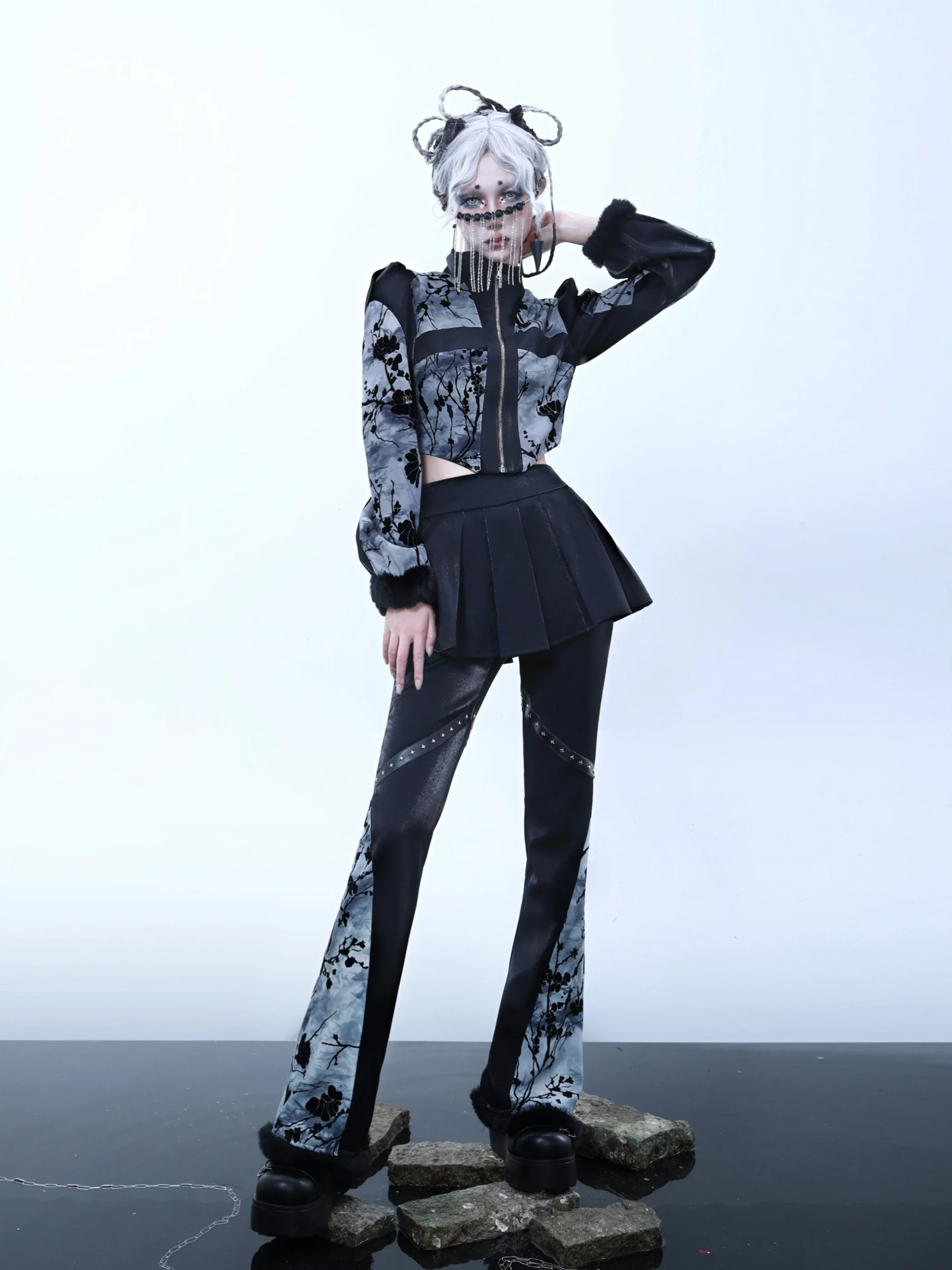 

New Spring Autumn Streetwear Harajuku Punk Gothic Hot Girl Black Tie Dyed Pleated High Waist Slim Stitching Fashion Pants