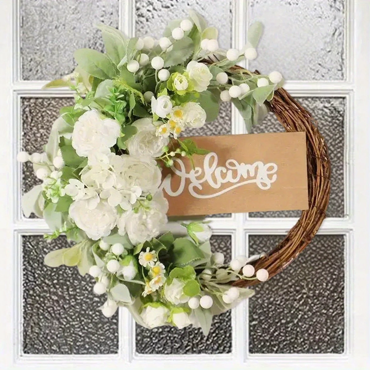 

Венок из искусственного белого пиона для входной двери, 15,7 дюйма, подвесные весенне-летние зеленые венки с белыми ягодами, виноградная лошадь