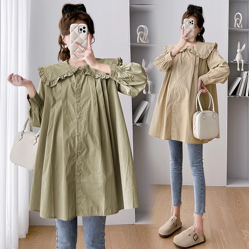 Beige Green Pregnant Women's Loose Shirts for Spring Large Peter Pan Collar Long Sleeve Maternity Blouses Pleated Shirt Loose